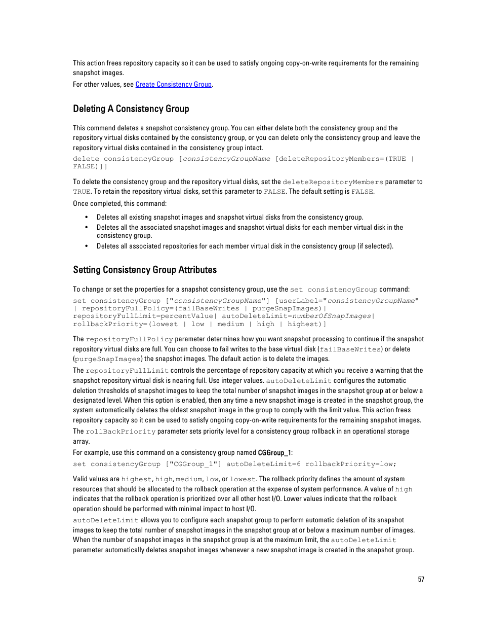 Deleting a consistency group, Setting consistency group attributes | Dell PowerVault MD3260i User Manual | Page 57 / 388
