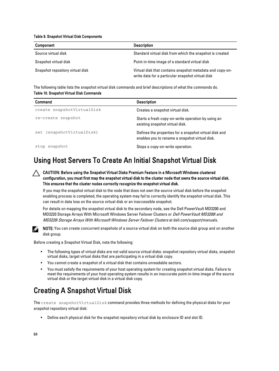 Creating a snapshot virtual disk | Dell PowerVault MD3260i User Manual | Page 64 / 388