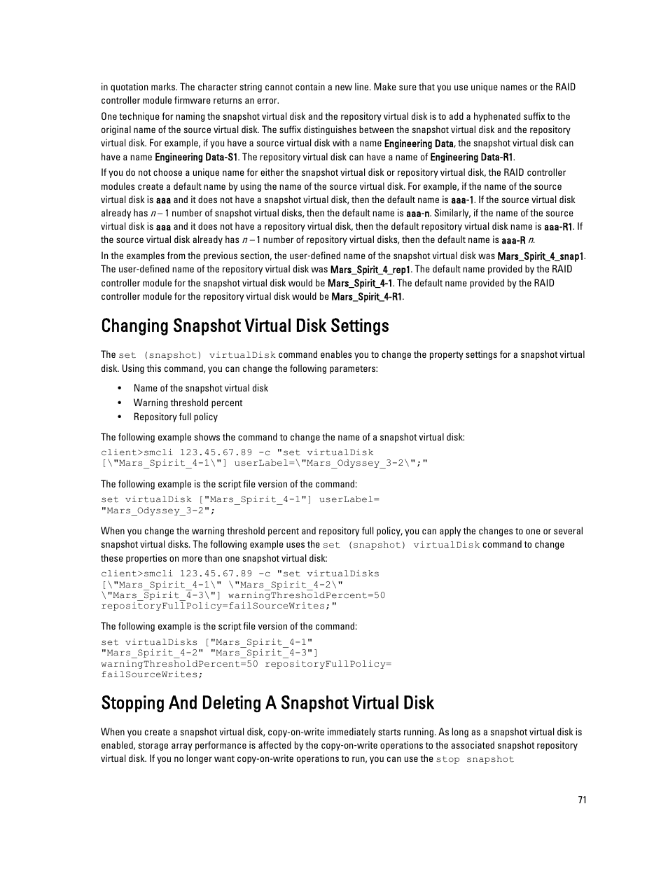 Changing snapshot virtual disk settings, Stopping and deleting a snapshot virtual disk | Dell PowerVault MD3260i User Manual | Page 71 / 388