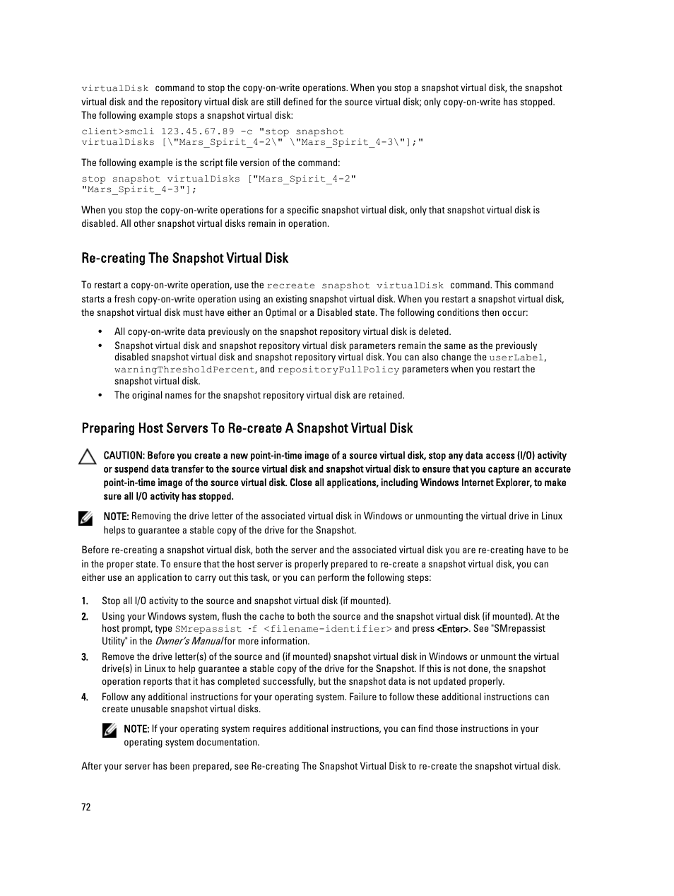 Re-creating the snapshot virtual disk | Dell PowerVault MD3260i User Manual | Page 72 / 388