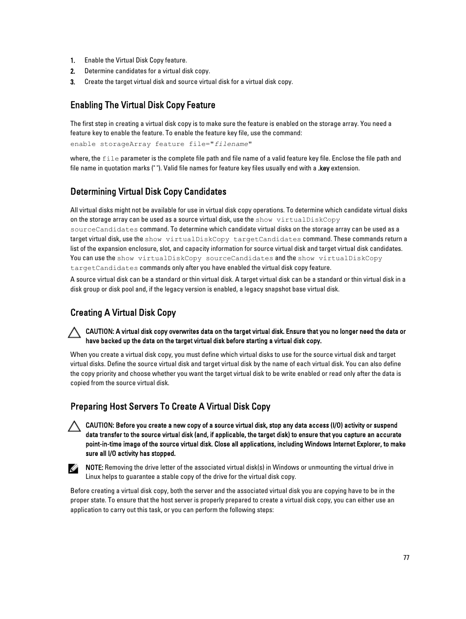 Enabling the virtual disk copy feature, Determining virtual disk copy candidates, Creating a virtual disk copy | Dell PowerVault MD3260i User Manual | Page 77 / 388