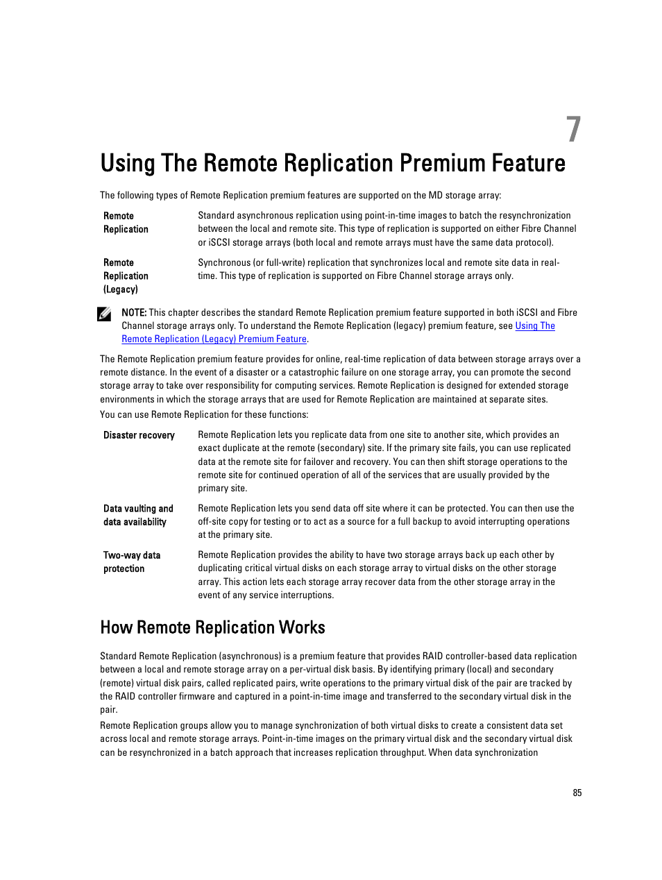 Using the remote replication premium feature, How remote replication works, 7 using the remote replication premium feature | Dell PowerVault MD3260i User Manual | Page 85 / 388