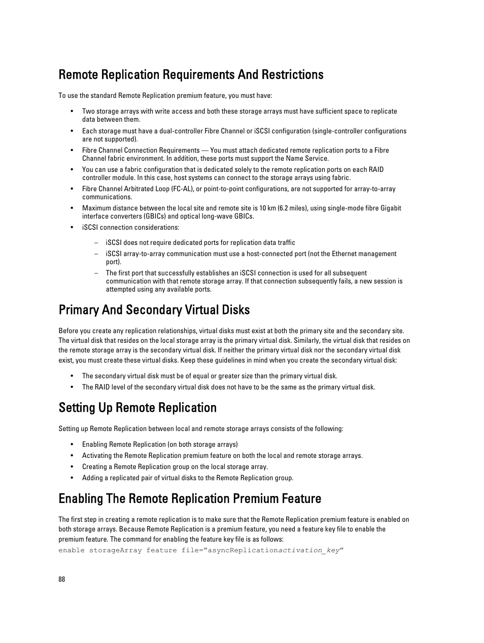 Remote replication requirements and restrictions, Primary and secondary virtual disks, Setting up remote replication | Enabling the remote replication premium feature | Dell PowerVault MD3260i User Manual | Page 88 / 388