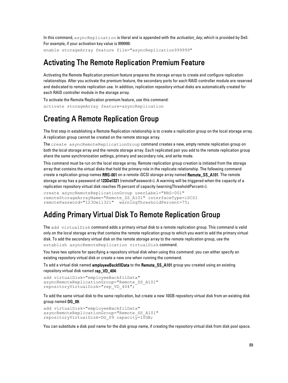 Activating the remote replication premium feature, Creating a remote replication group | Dell PowerVault MD3260i User Manual | Page 89 / 388