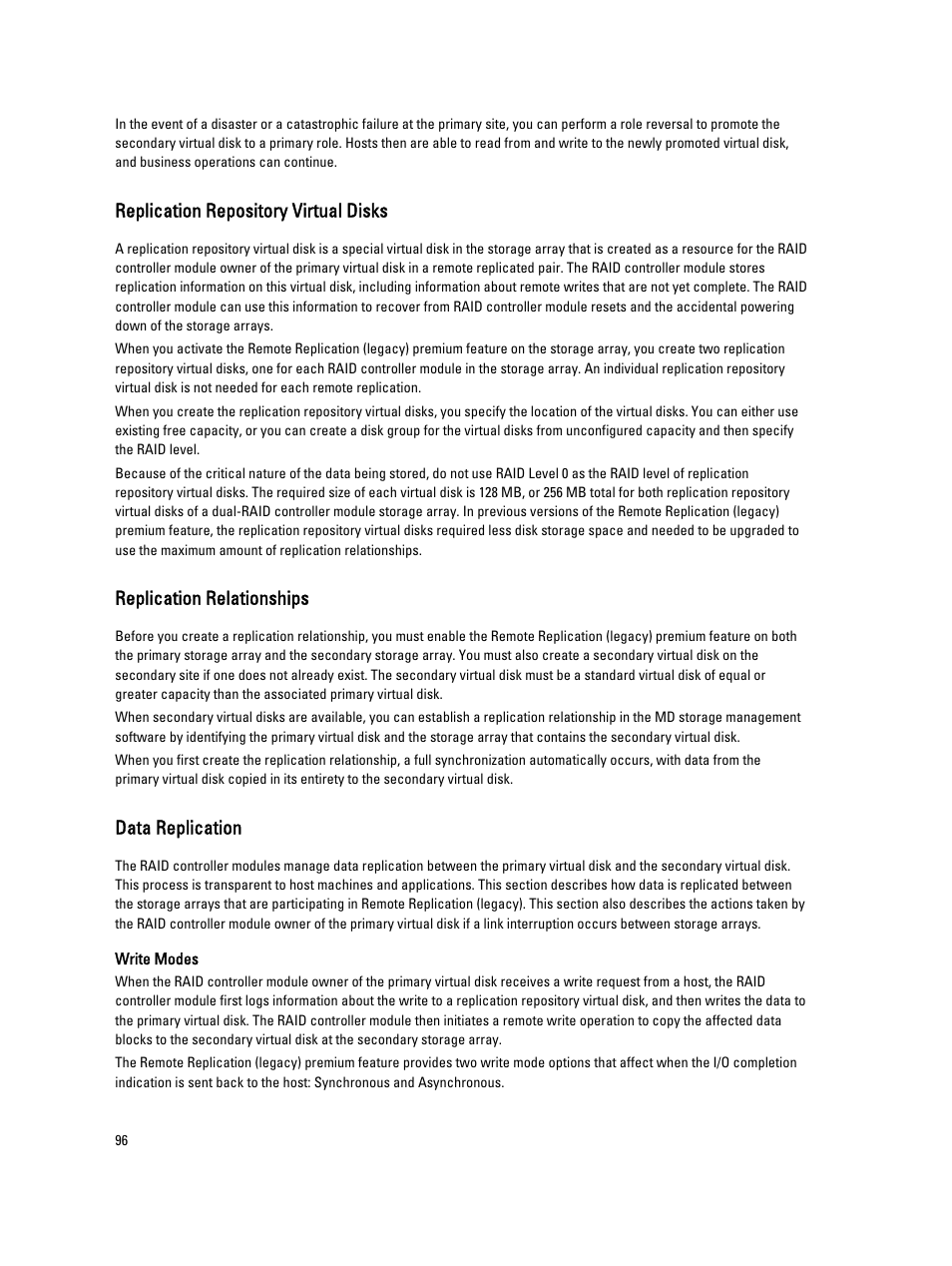 Replication repository virtual disks, Replication relationships, Data replication | Dell PowerVault MD3260i User Manual | Page 96 / 388