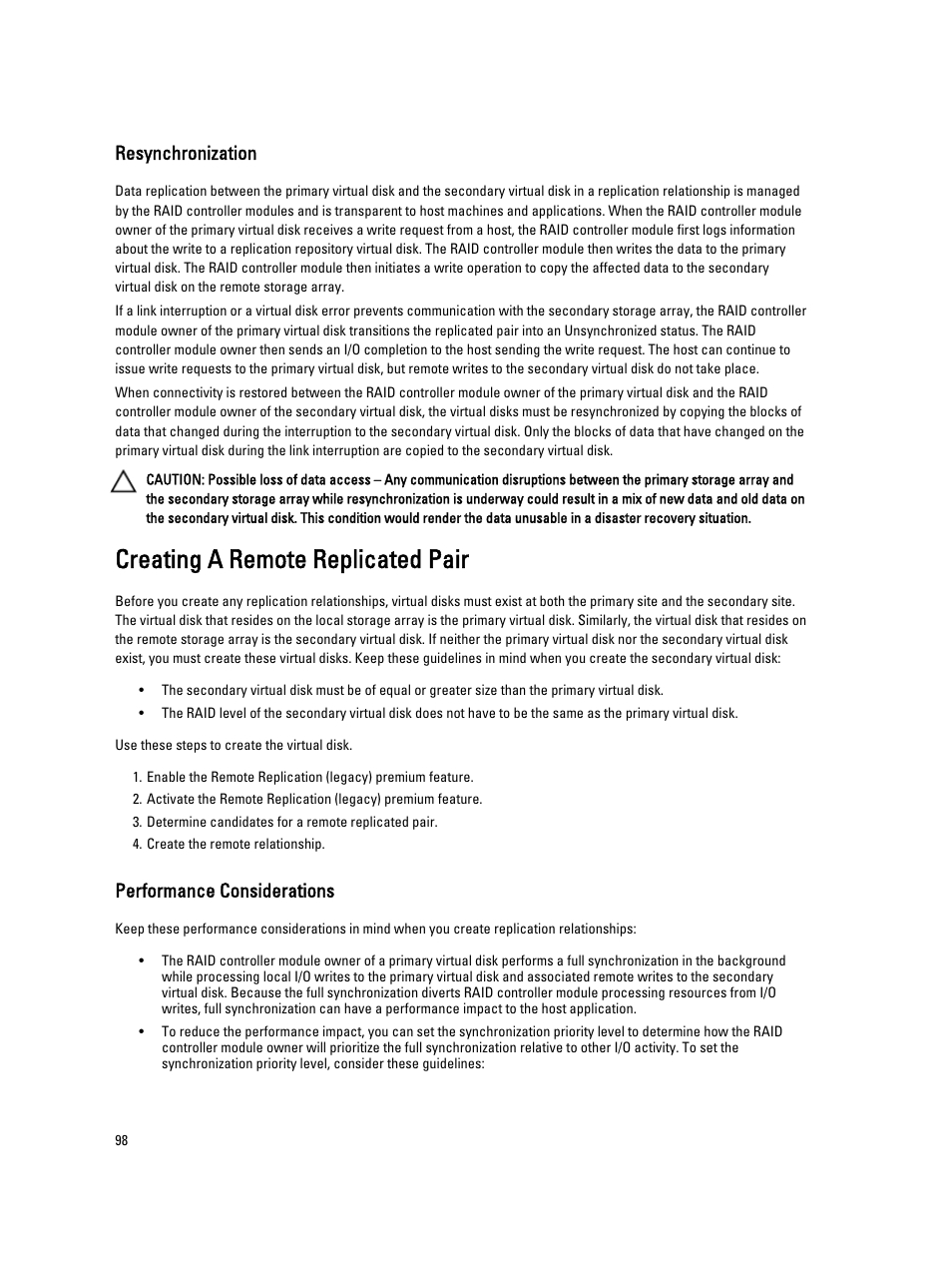 Resynchronization, Creating a remote replicated pair, Performance considerations | Dell PowerVault MD3260i User Manual | Page 98 / 388