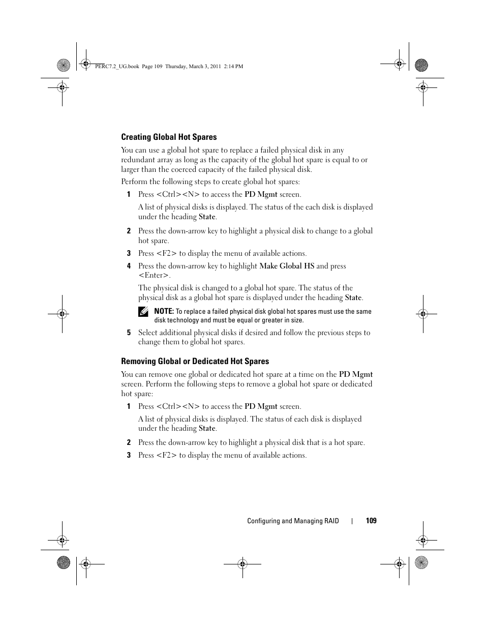 Creating global hot spares, Removing global or dedicated hot spares | Dell PowerEdge RAID Controller H700 User Manual | Page 109 / 178