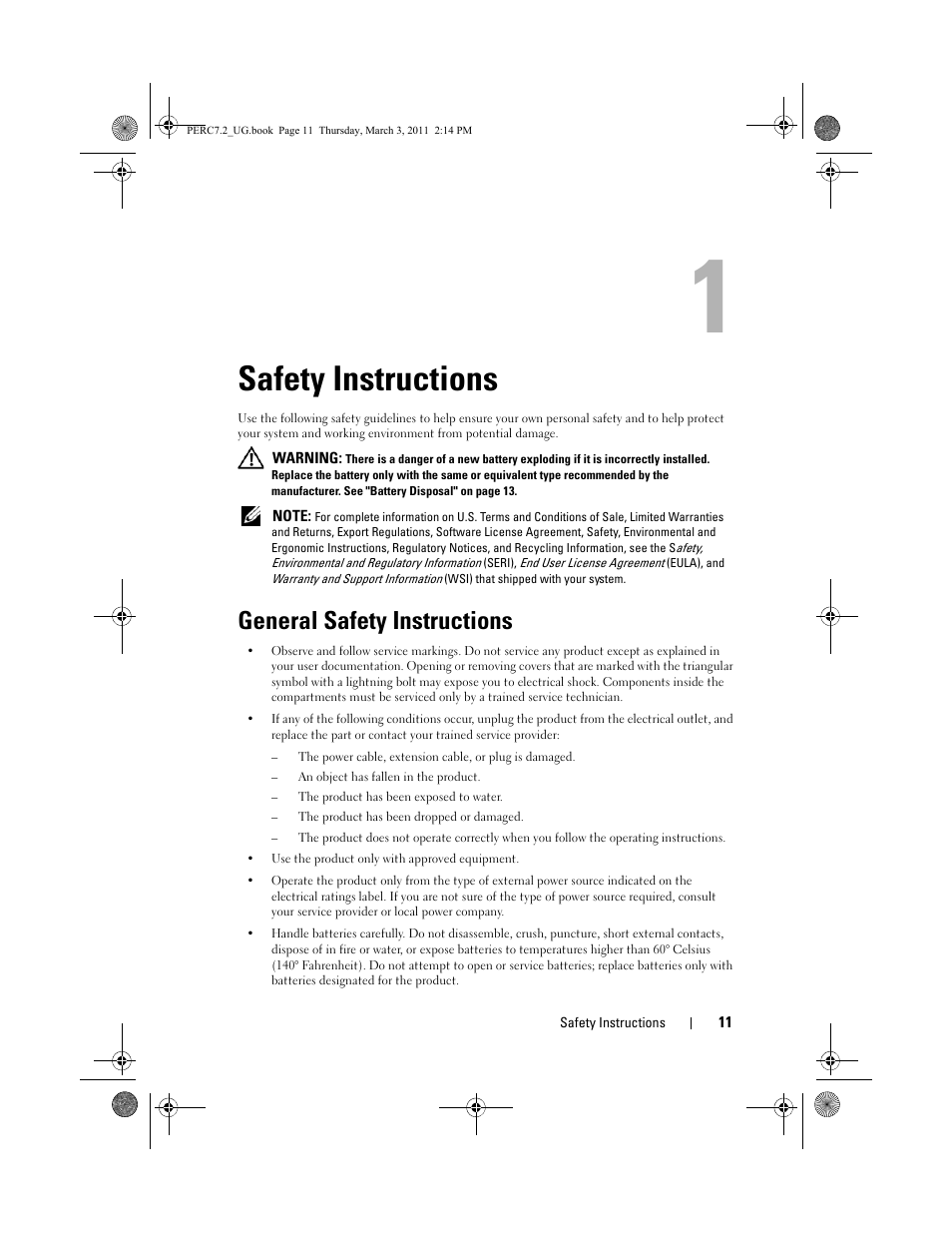 Safety instructions, General safety instructions | Dell PowerEdge RAID Controller H700 User Manual | Page 11 / 178