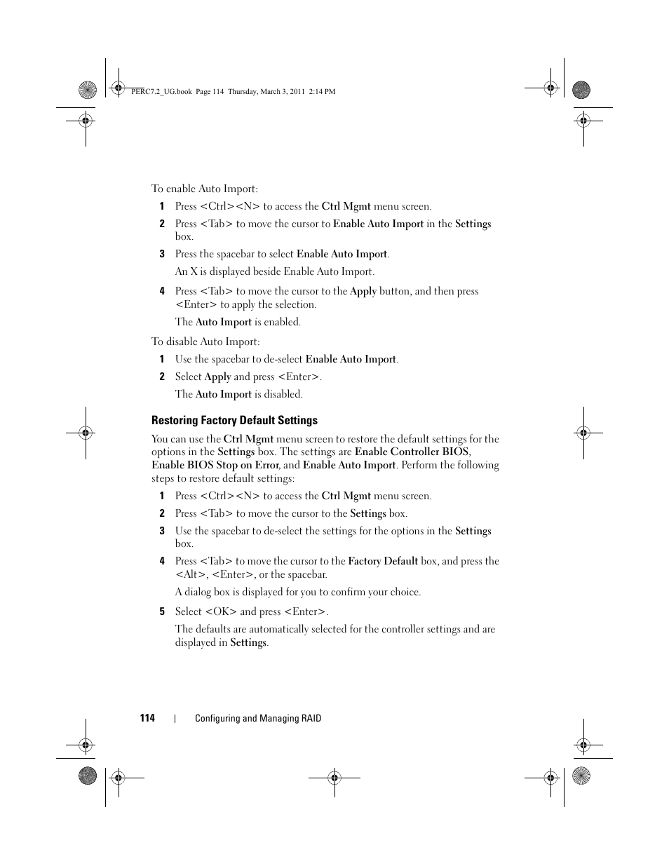 Restoring factory default settings | Dell PowerEdge RAID Controller H700 User Manual | Page 114 / 178