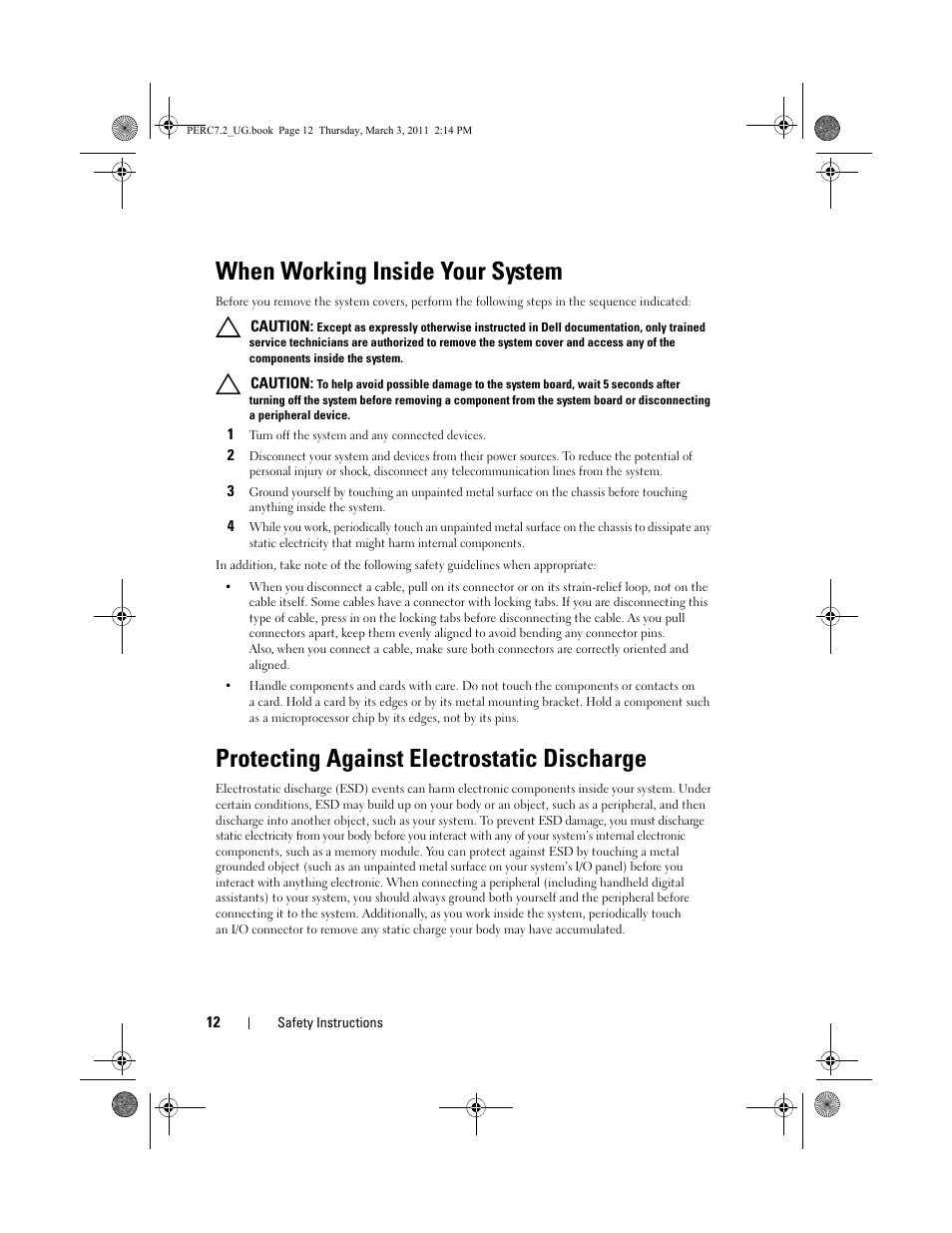 When working inside your system, Protecting against electrostatic discharge | Dell PowerEdge RAID Controller H700 User Manual | Page 12 / 178