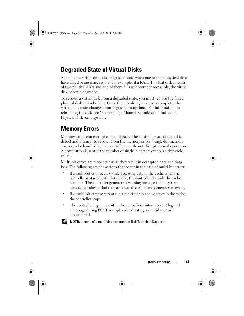 Degraded state of virtual disks, Memory errors | Dell PowerEdge RAID Controller H700 User Manual | Page 141 / 178