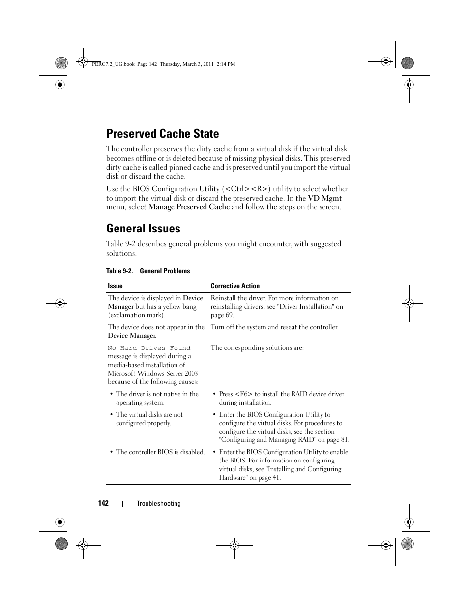 Preserved cache state, General issues | Dell PowerEdge RAID Controller H700 User Manual | Page 142 / 178