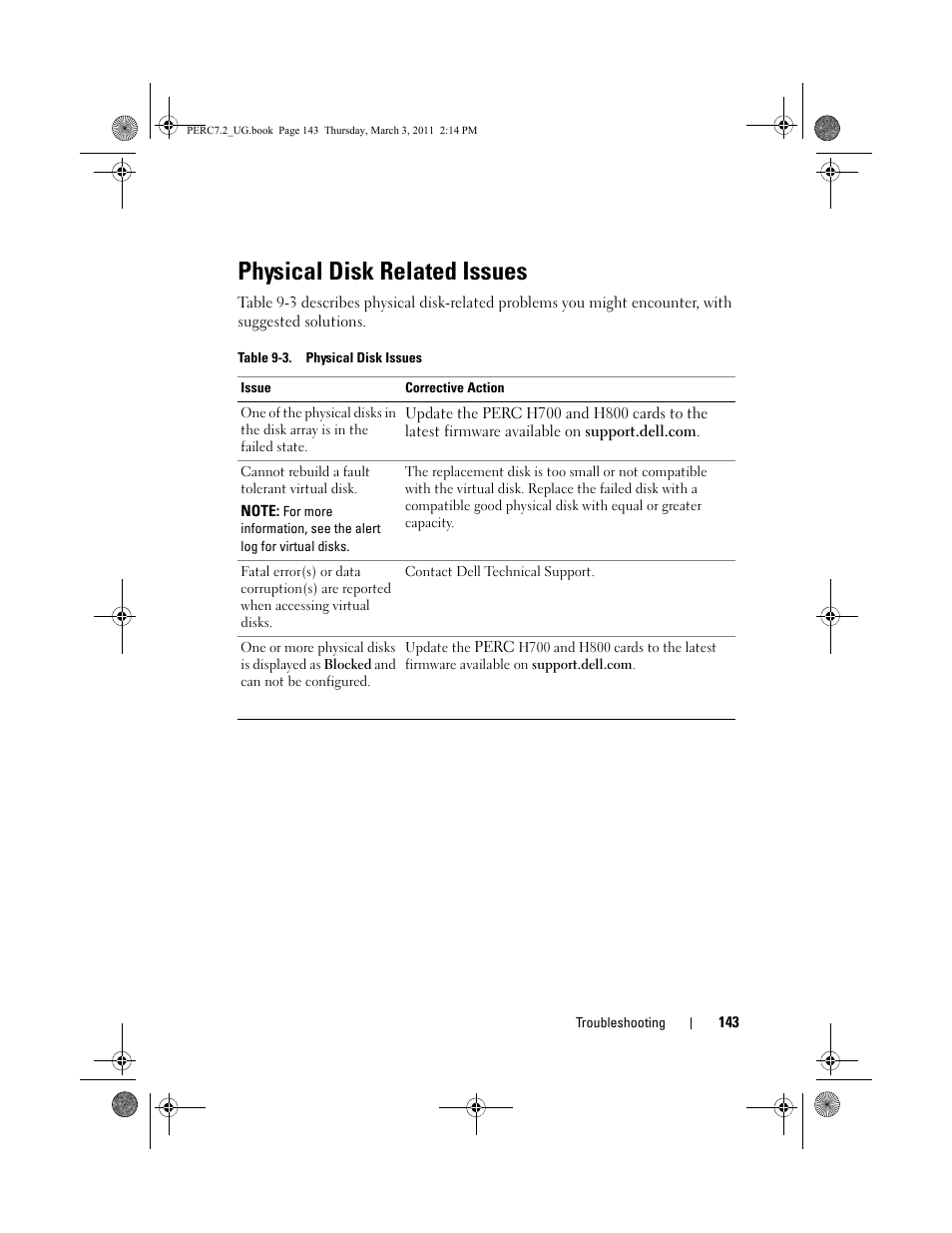 Physical disk related issues | Dell PowerEdge RAID Controller H700 User Manual | Page 143 / 178