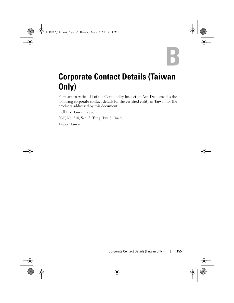 Corporate contact details (taiwan only), Corporate contact details, Taiwan only) | Dell PowerEdge RAID Controller H700 User Manual | Page 155 / 178