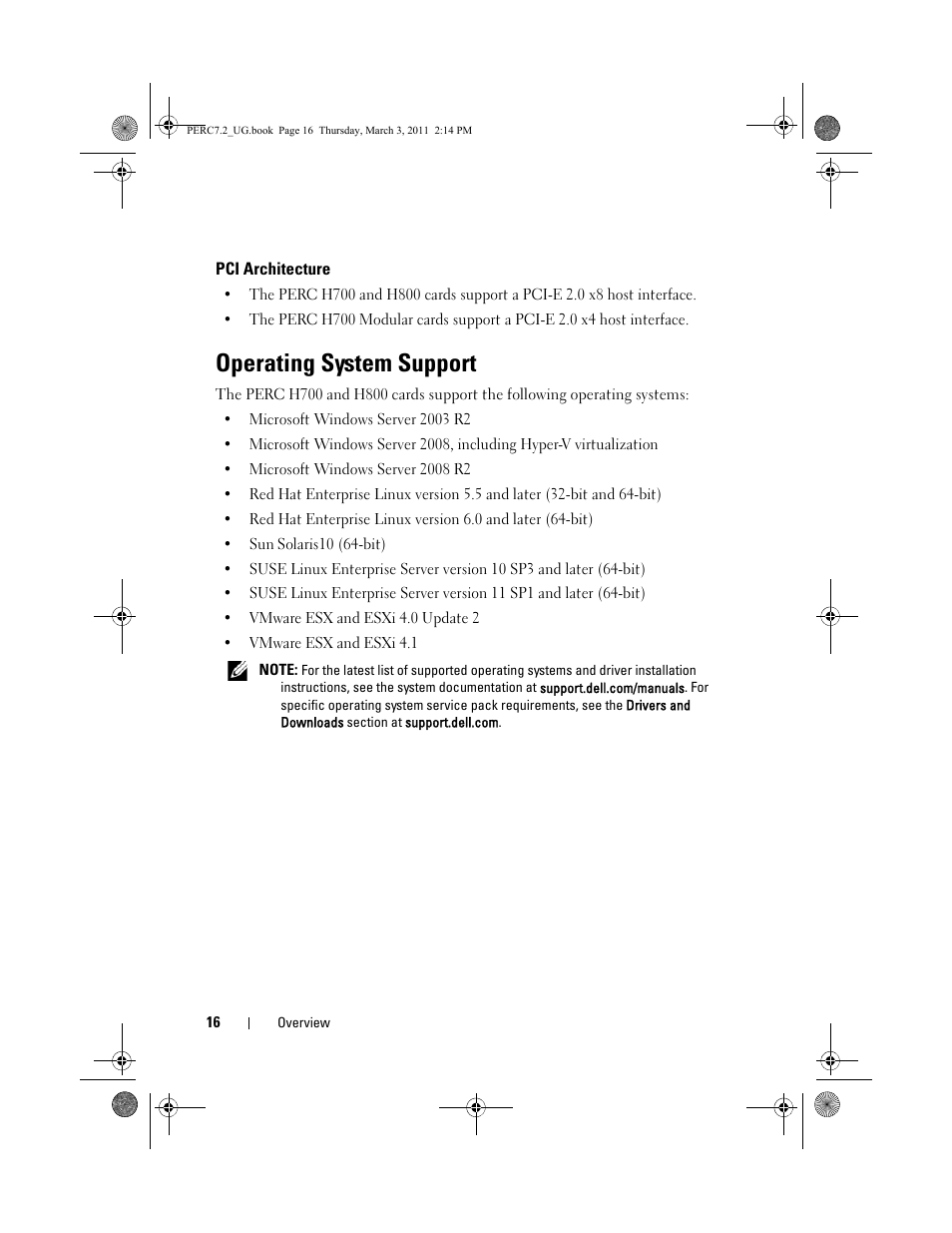 Pci architecture, Operating system support | Dell PowerEdge RAID Controller H700 User Manual | Page 16 / 178