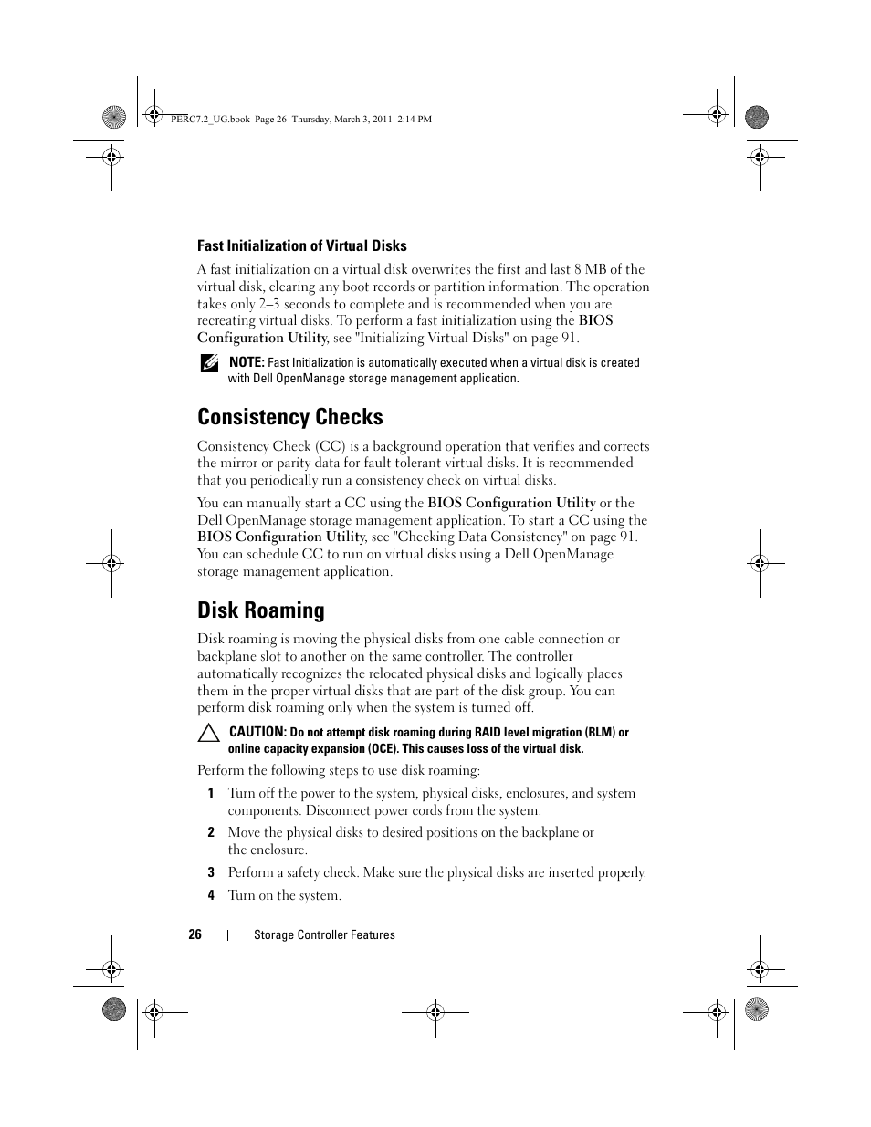 Fast initialization of virtual disks, Consistency checks, Disk roaming | Dell PowerEdge RAID Controller H700 User Manual | Page 26 / 178