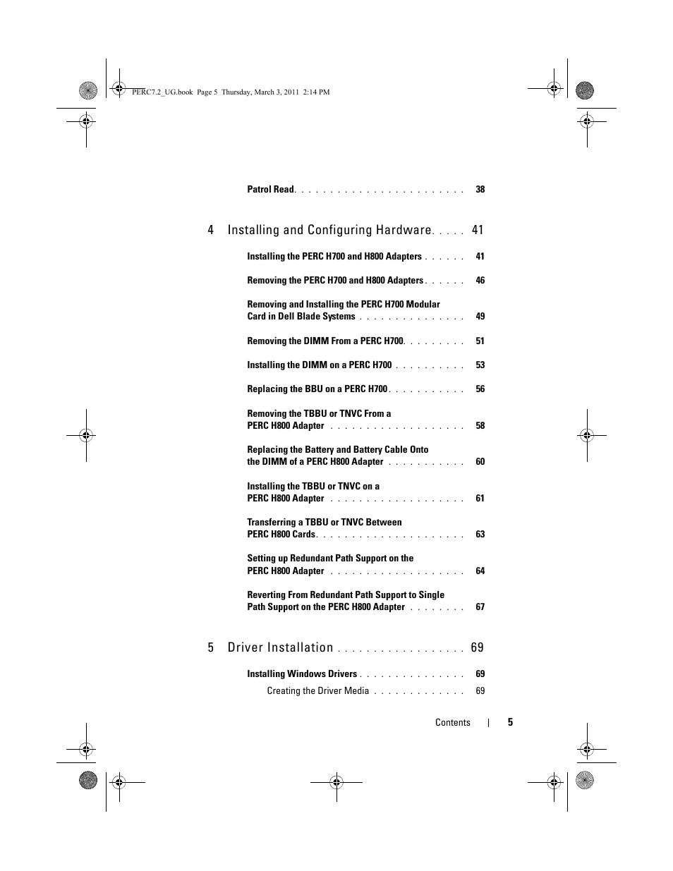 4 installing and configuring hardware, 5 driver installation | Dell PowerEdge RAID Controller H700 User Manual | Page 5 / 178