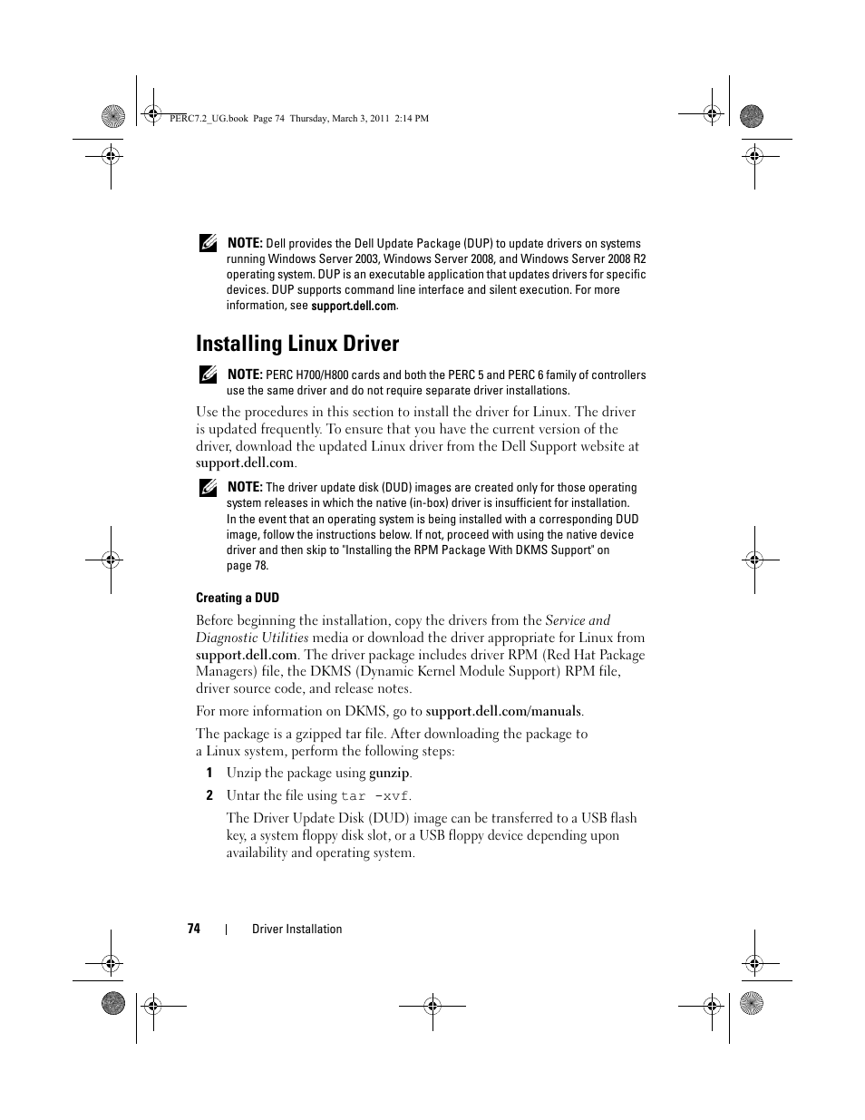 Installing linux driver | Dell PowerEdge RAID Controller H700 User Manual | Page 74 / 178