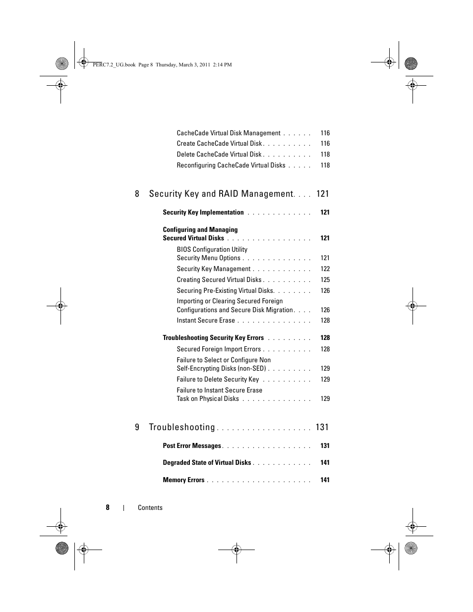 8 security key and raid management, 9 troubleshooting | Dell PowerEdge RAID Controller H700 User Manual | Page 8 / 178