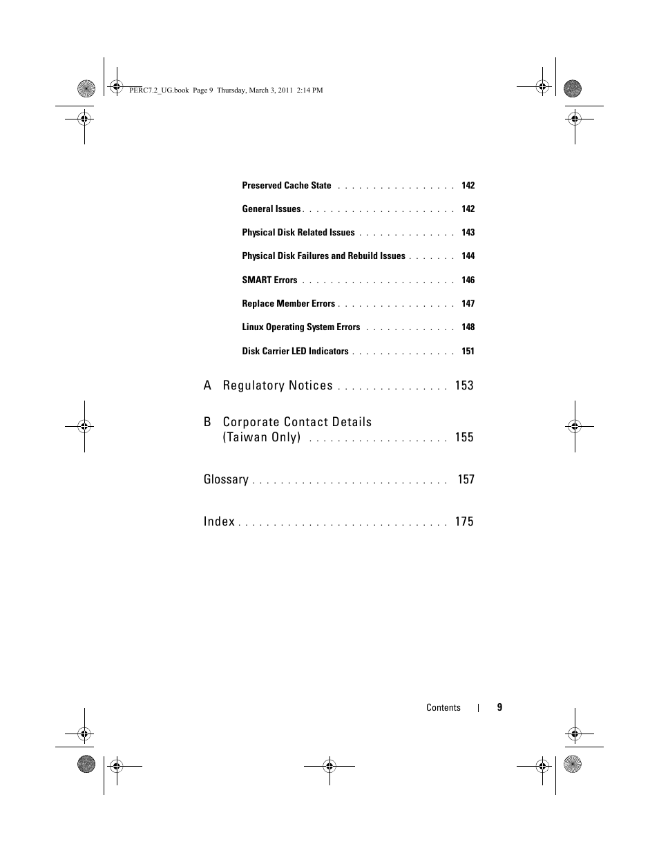 A regulatory notices, 153 b corporate contact details (taiwan only), 155 glossary | 157 index | Dell PowerEdge RAID Controller H700 User Manual | Page 9 / 178