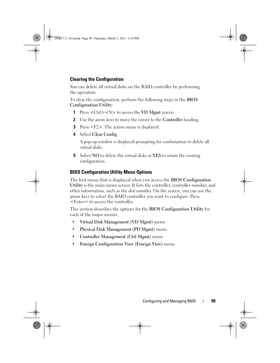 Clearing the configuration, Bios configuration utility menu options | Dell PowerEdge RAID Controller H700 User Manual | Page 99 / 178