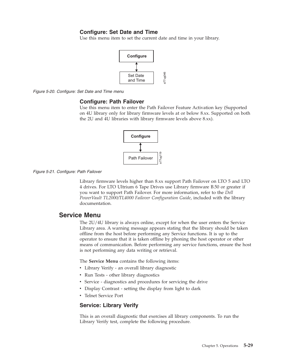 Configure: set date and time, Configure: path failover, Service menu | Service: library verify, Configure: set date and time menu | Dell PowerVault TL4000 User Manual | Page 127 / 306