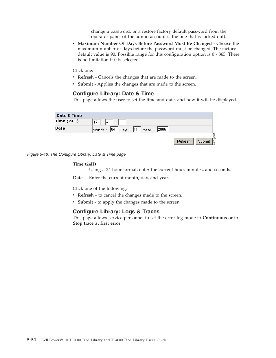 Configure library: date & time, Configure library: logs & traces | Dell PowerVault TL4000 User Manual | Page 152 / 306