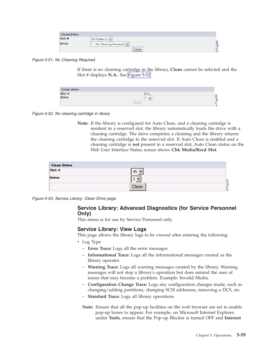 Service library: view logs, No cleaning required, No cleaning cartridge in library | Dell PowerVault TL4000 User Manual | Page 157 / 306