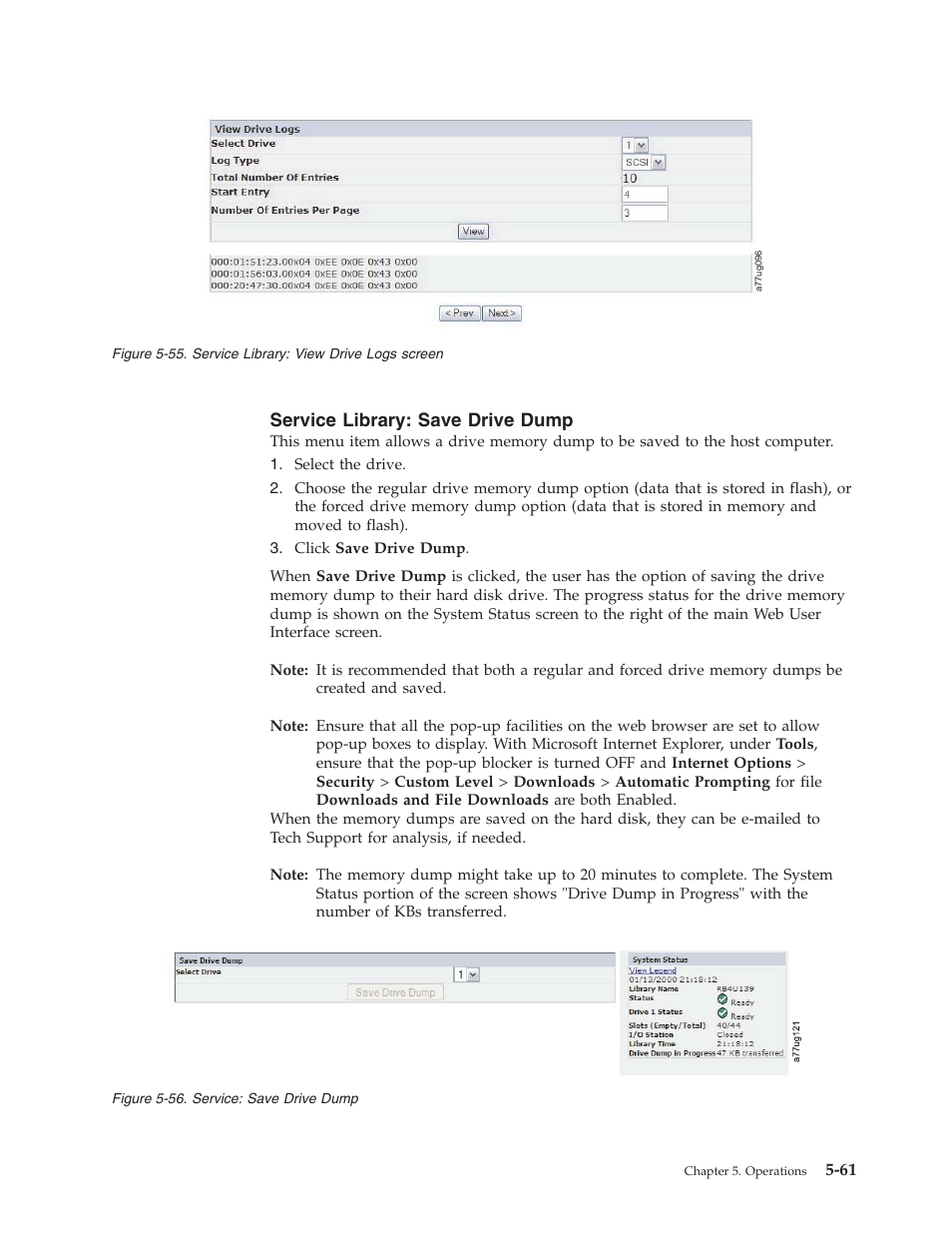 Service library: save drive dump, Service library: view drive logs screen, Service: save drive dump | Dell PowerVault TL4000 User Manual | Page 159 / 306