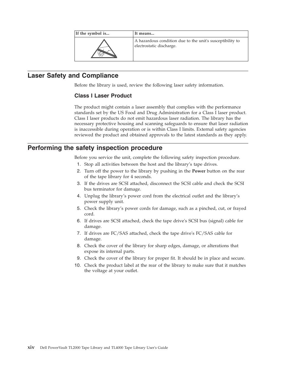 Laser safety and compliance, Performing the safety inspection procedure | Dell PowerVault TL4000 User Manual | Page 16 / 306