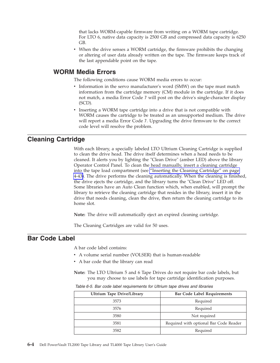 Worm media errors, Cleaning cartridge, Bar code label | Dell PowerVault TL4000 User Manual | Page 170 / 306