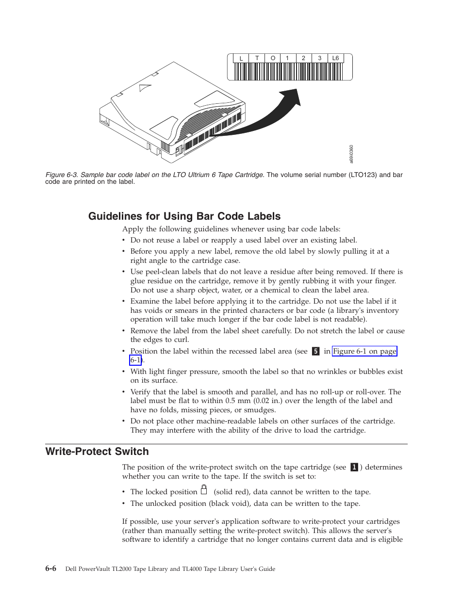 Guidelines for using bar code labels, Write-protect switch | Dell PowerVault TL4000 User Manual | Page 172 / 306