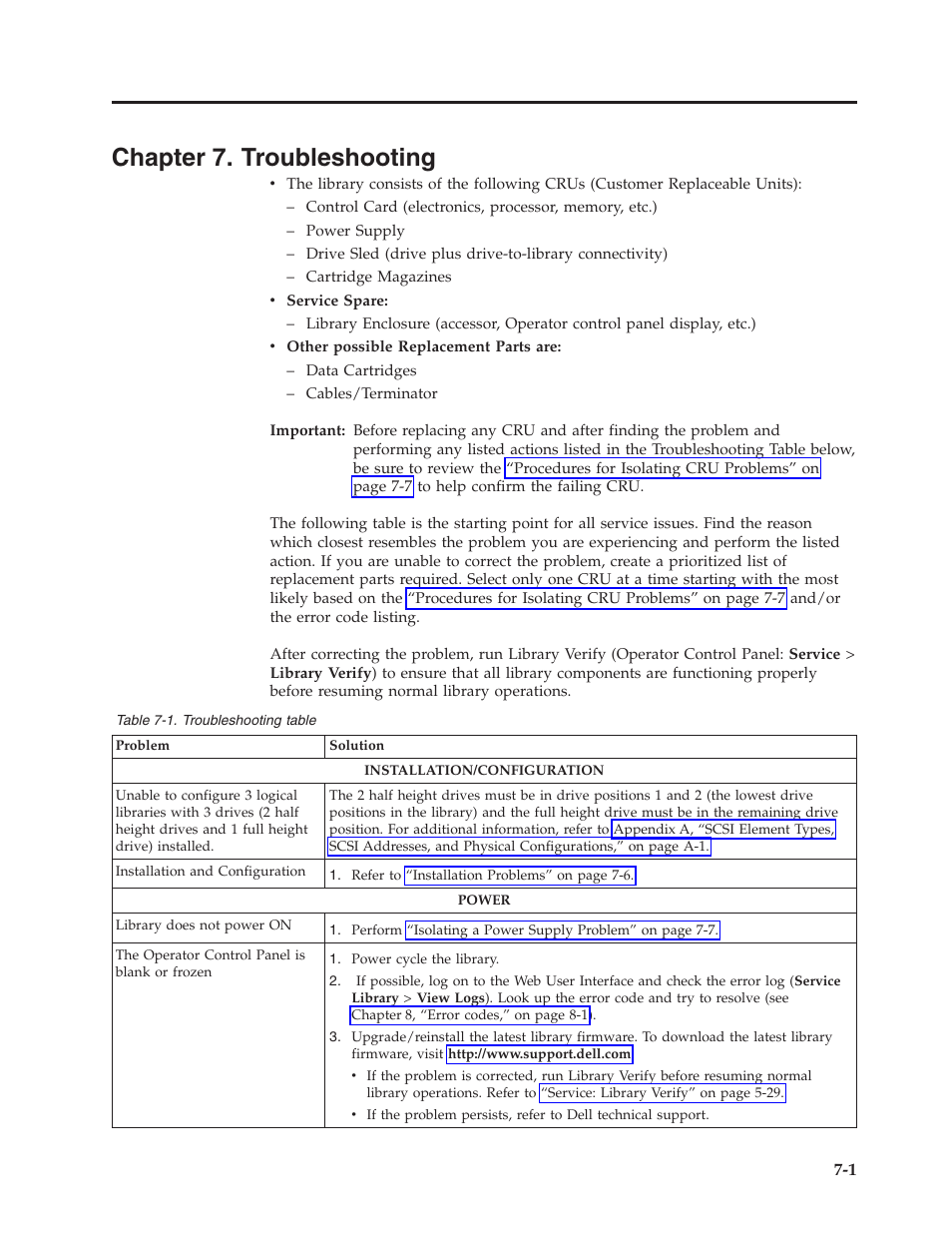 Chapter 7. troubleshooting, Troubleshooting table | Dell PowerVault TL4000 User Manual | Page 177 / 306