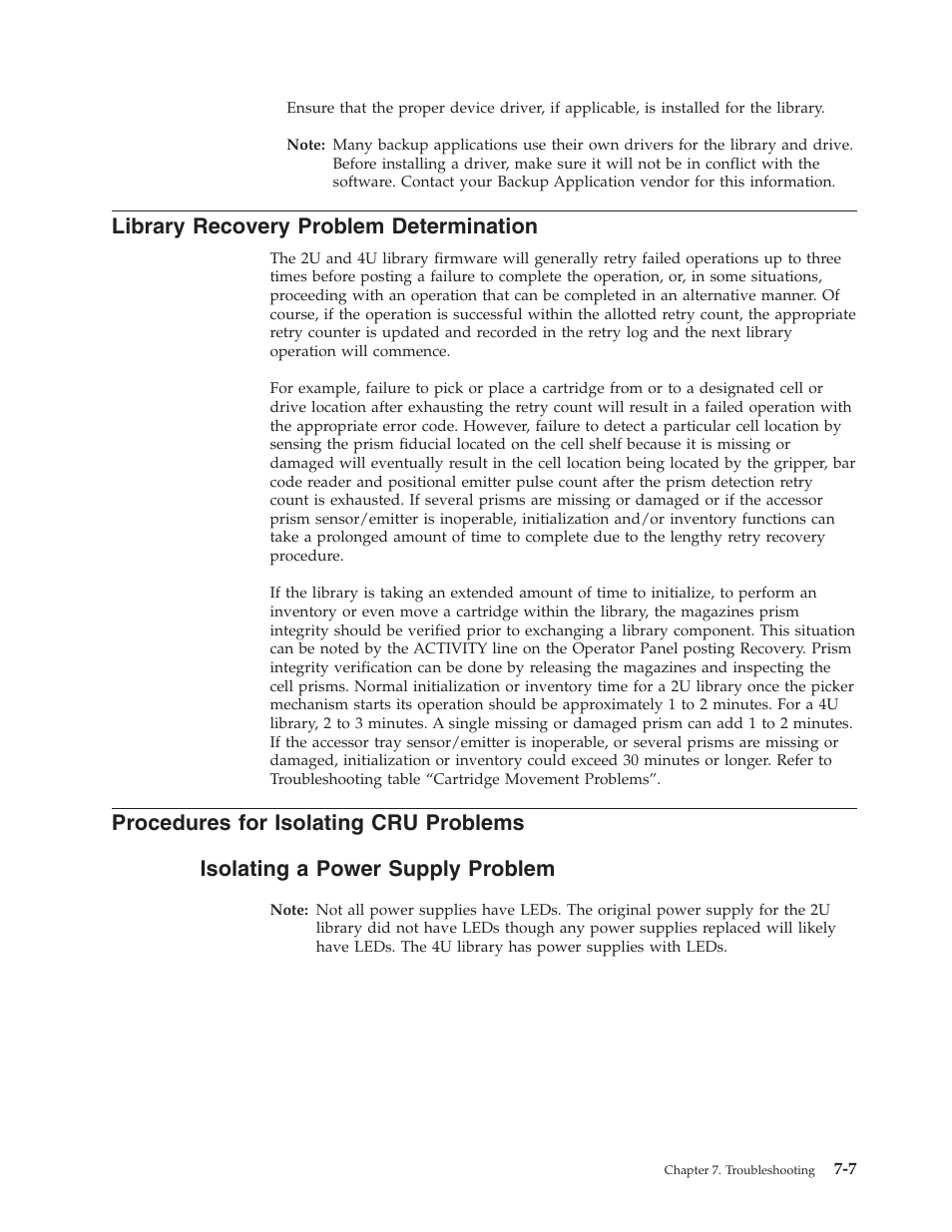Library recovery problem determination, Procedures for isolating cru problems, Isolating a power supply problem | Dell PowerVault TL4000 User Manual | Page 183 / 306