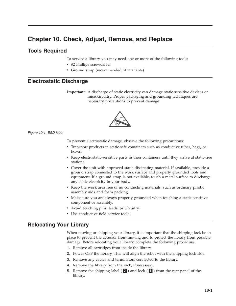 Chapter 10. check, adjust, remove, and replace, Tools required, Electrostatic discharge | Relocating your library, Esd label | Dell PowerVault TL4000 User Manual | Page 211 / 306