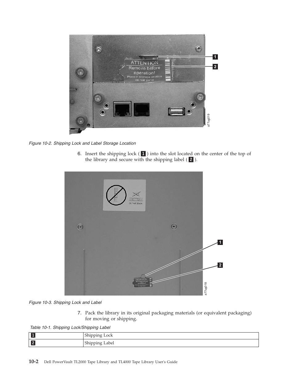 Shipping lock and label storage location, Shipping lock and label, Shipping lock/shipping label | Dell PowerVault TL4000 User Manual | Page 212 / 306
