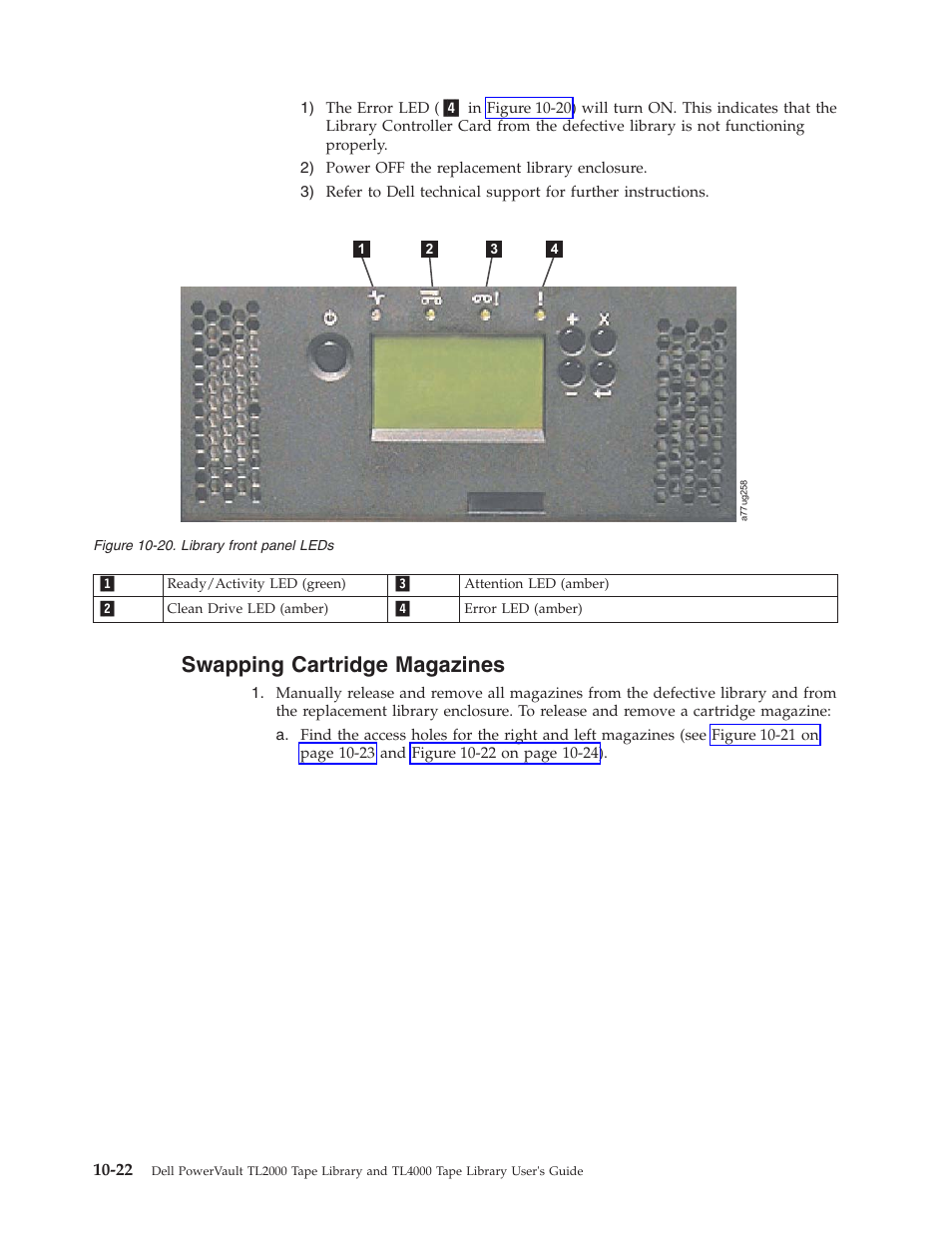 Swapping cartridge magazines, 20. library front panel leds | Dell PowerVault TL4000 User Manual | Page 232 / 306