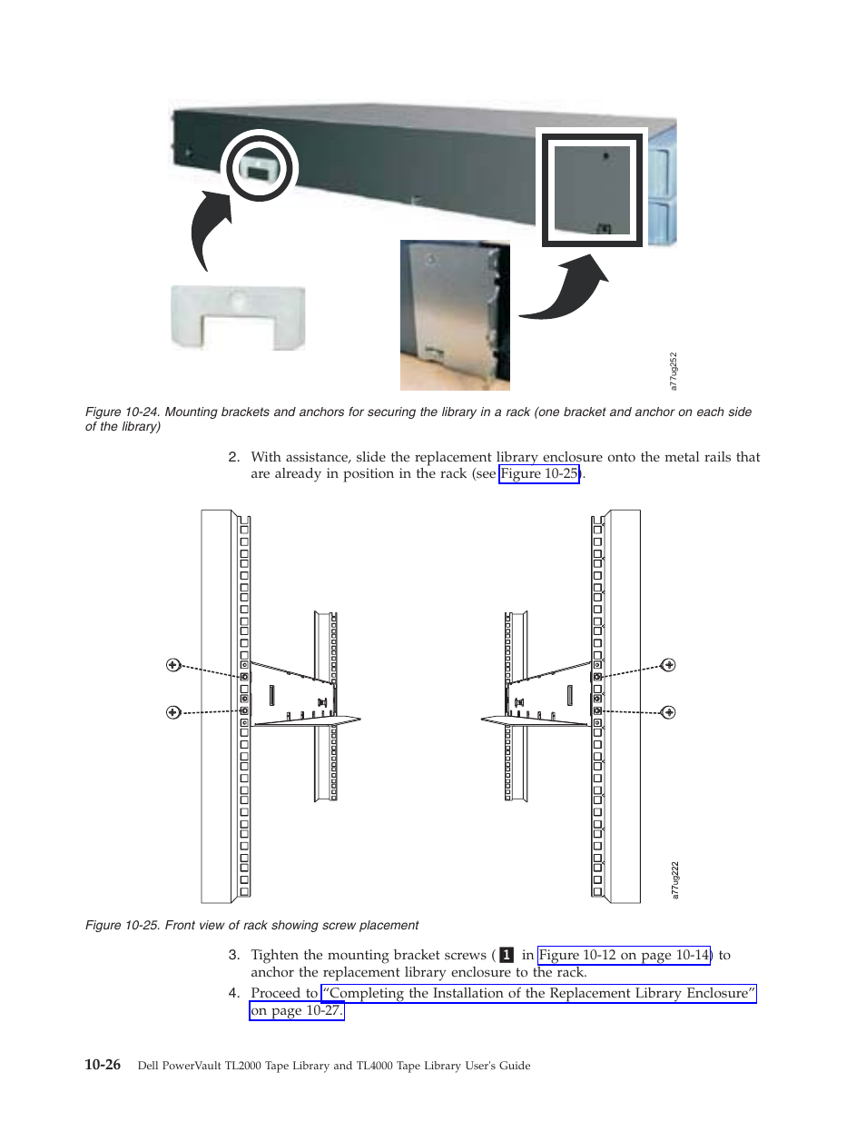 24. mounting brackets and anchors for, 25. front view of rack showing screw, Placement | Dell PowerVault TL4000 User Manual | Page 236 / 306