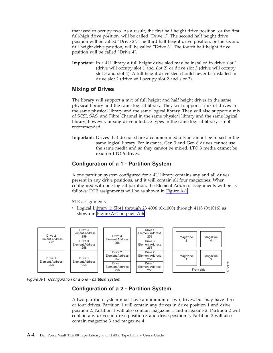 Configuration of a one - partition system, Mixing of drives, Configuration of a 1 - partition system | Configuration of a 2 - partition system | Dell PowerVault TL4000 User Manual | Page 242 / 306