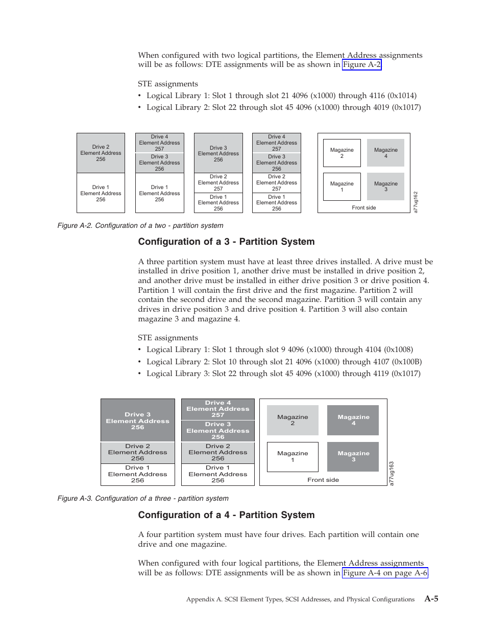 Configuration of a two - partition system, Configuration of a three - partition system, Configuration of a 3 - partition system | Configuration of a 4 - partition system | Dell PowerVault TL4000 User Manual | Page 243 / 306