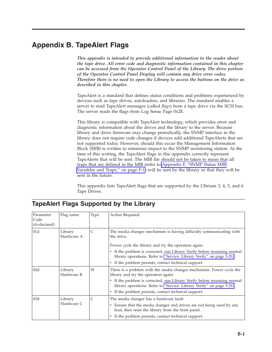 Appendix b. tapealert flags, Tapealert flags supported by the library, Appendix b. tapealert flags . . . . . b-1 | Dell PowerVault TL4000 User Manual | Page 247 / 306