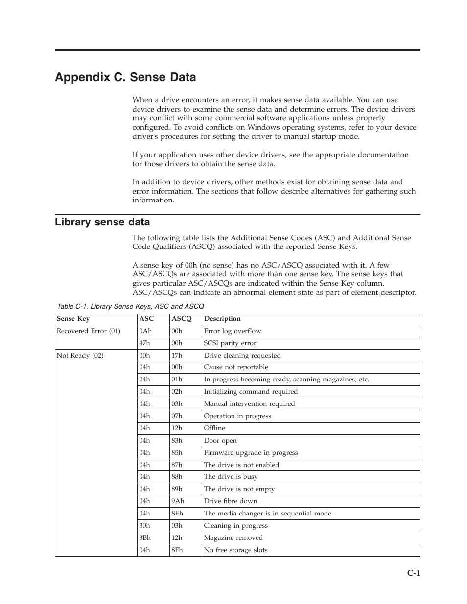 Appendix c. sense data, Library sense data, Appendix c. sense data . . . . . . . c-1 | Library sense keys, asc and ascq | Dell PowerVault TL4000 User Manual | Page 253 / 306