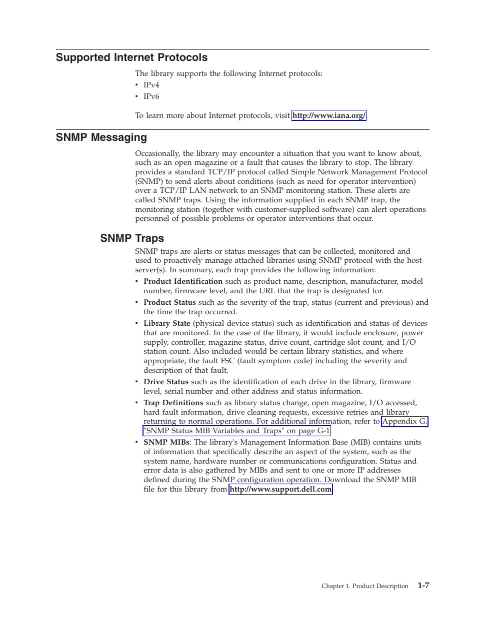 Supported internet protocols, Snmp messaging, Snmp traps | Dell PowerVault TL4000 User Manual | Page 27 / 306