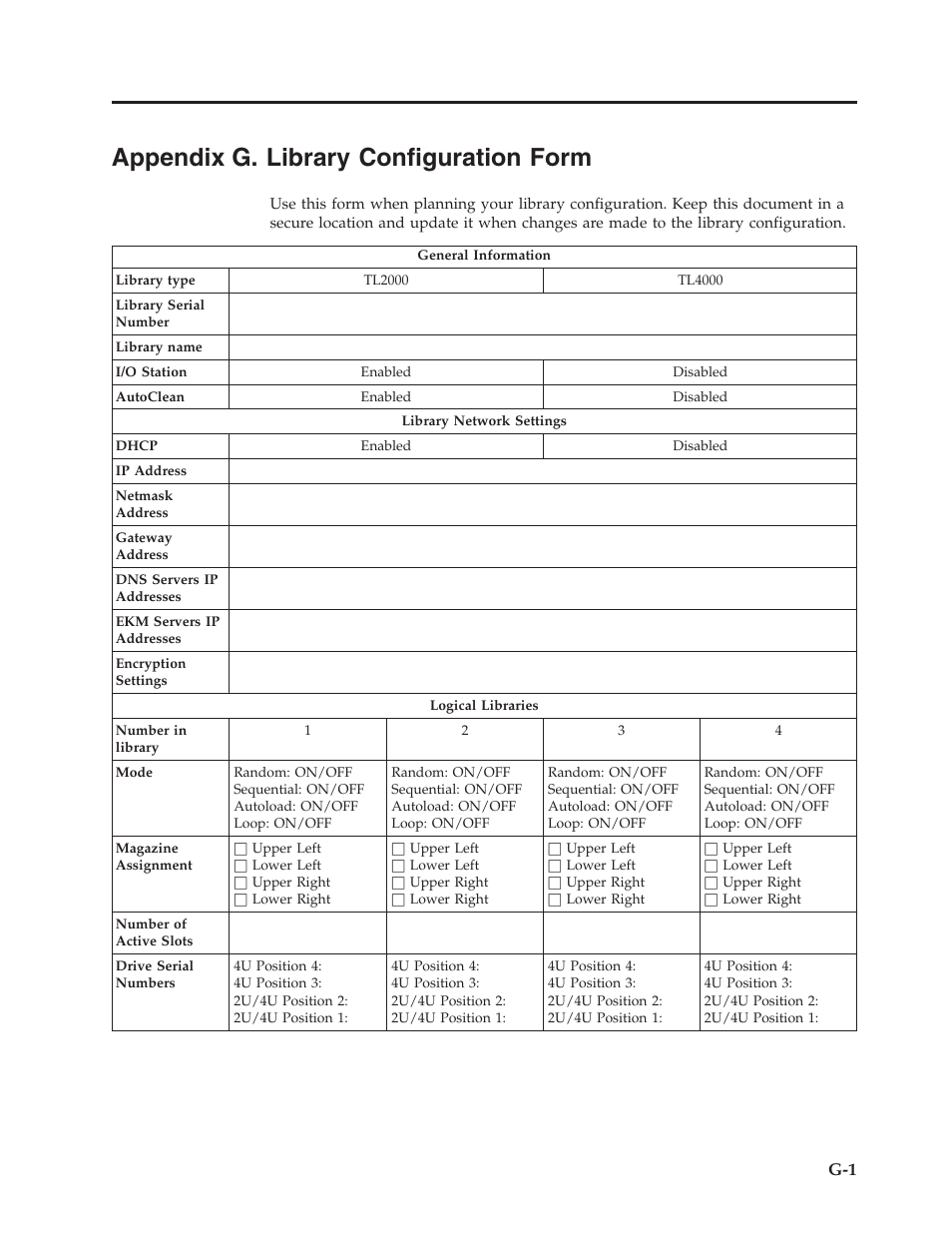 Appendix g. library configuration form | Dell PowerVault TL4000 User Manual | Page 277 / 306