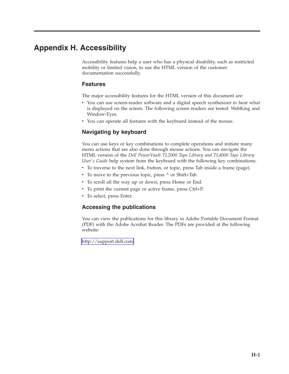 Appendix h. accessibility, Appendix h. accessibility . . . . . . h-1 | Dell PowerVault TL4000 User Manual | Page 279 / 306