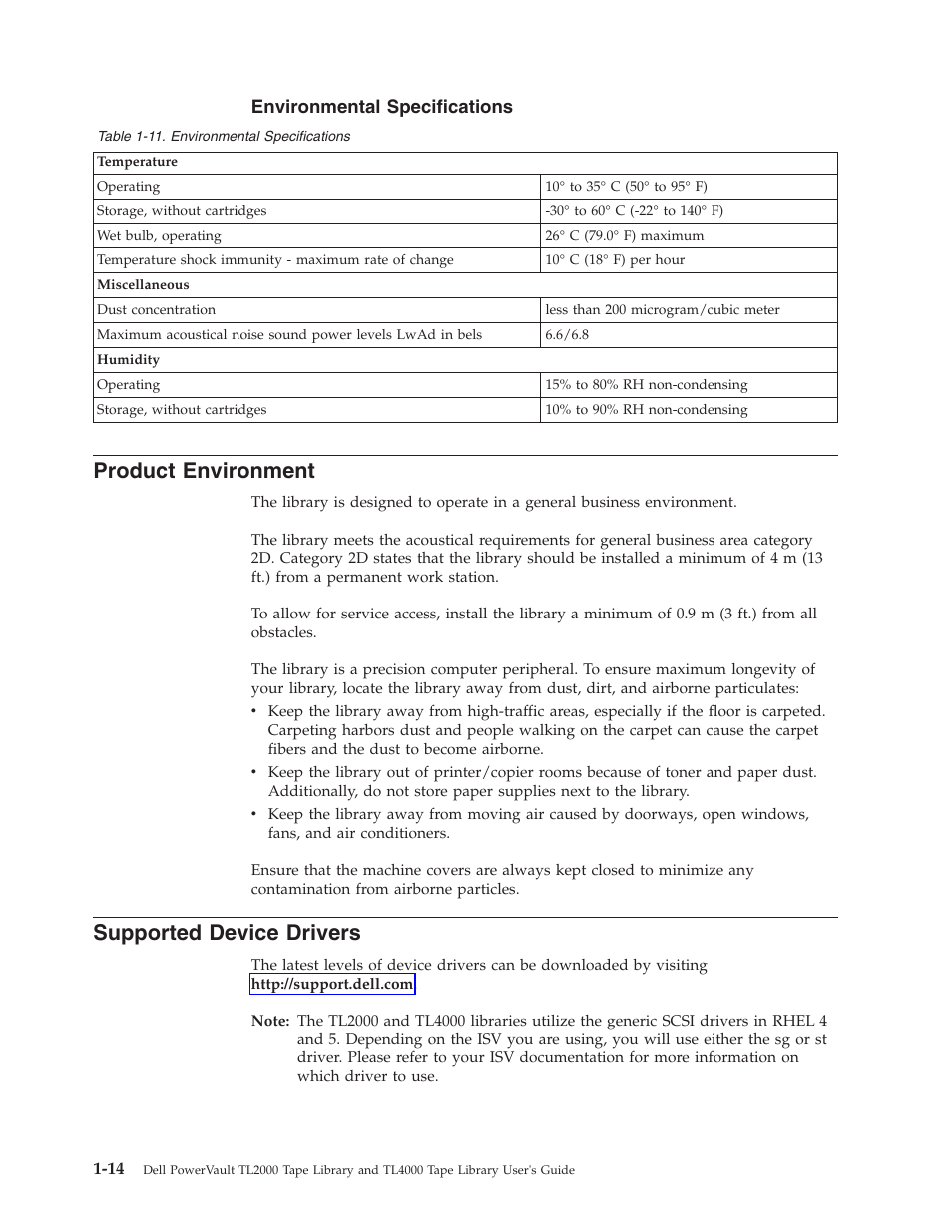 Product environment, Supported device drivers, Environmental specifications | Dell PowerVault TL4000 User Manual | Page 34 / 306