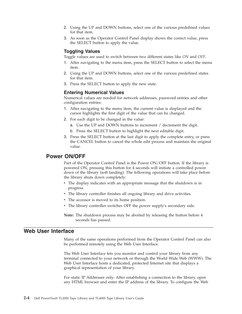 Toggling values, Entering numerical values, Power on/off | Web user interface | Dell PowerVault TL4000 User Manual | Page 38 / 306