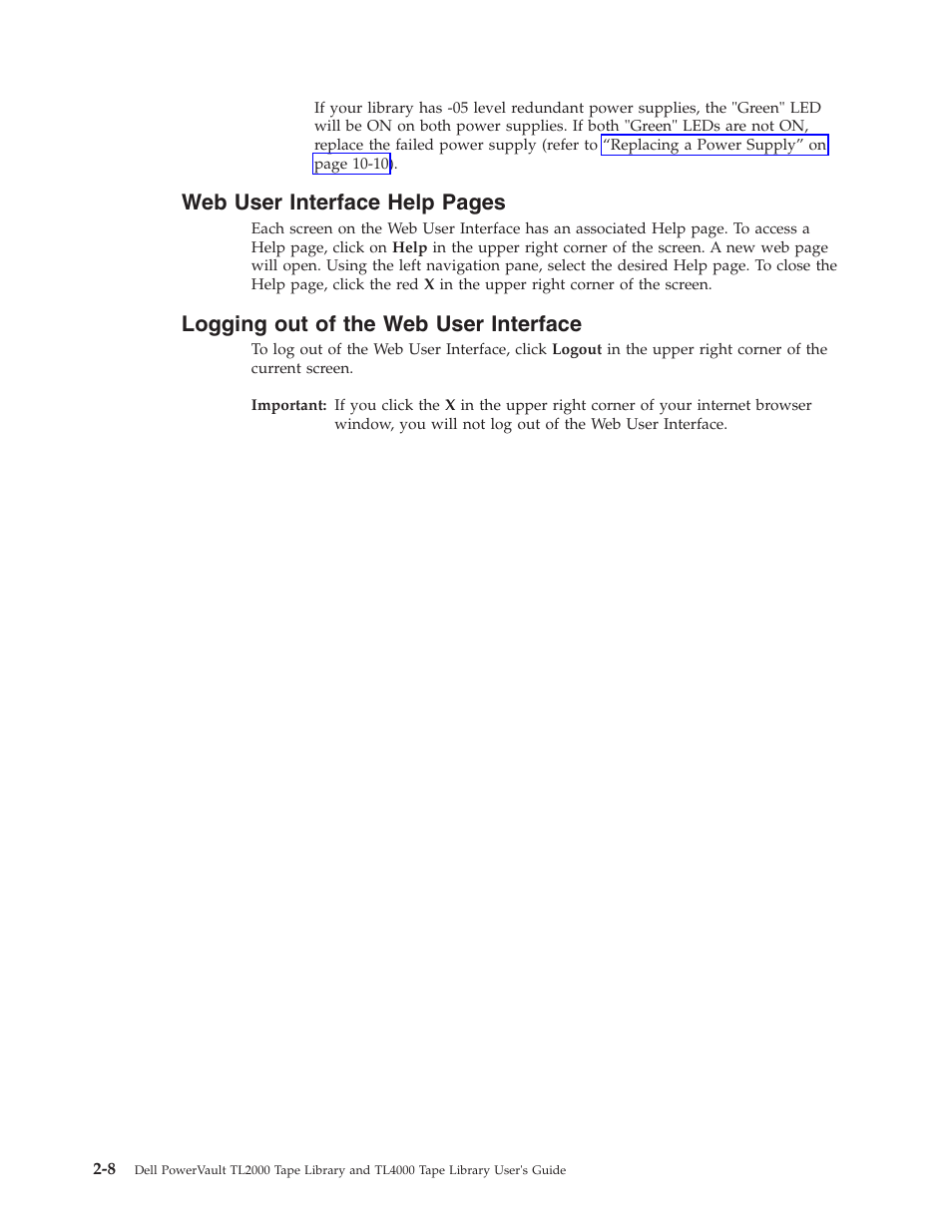 Logging out of the web user interface, Web user interface help pages | Dell PowerVault TL4000 User Manual | Page 42 / 306