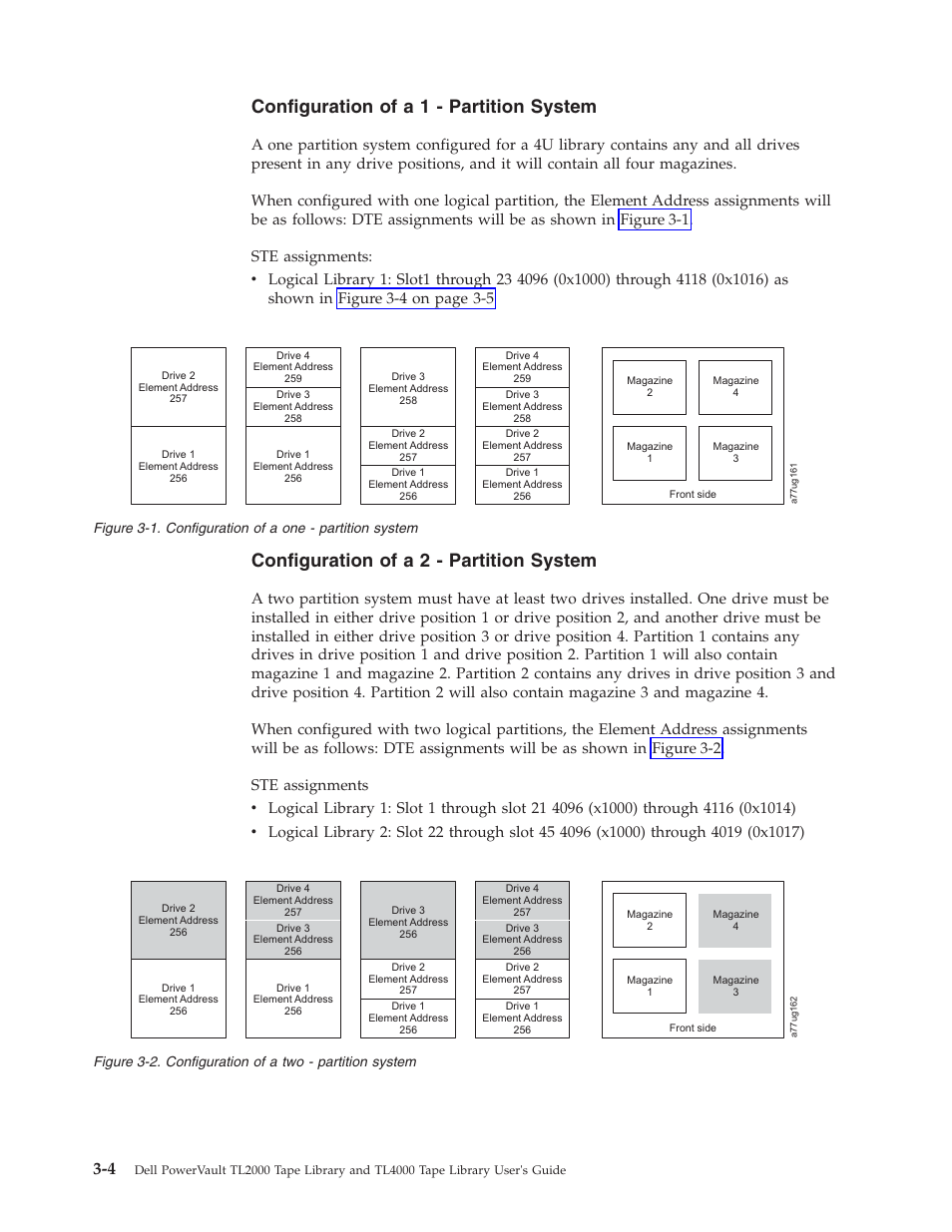 Configuration of a one - partition system, Configuration of a two - partition system, Configuration of a 1 - partition system | Configuration of a 2 - partition system | Dell PowerVault TL4000 User Manual | Page 46 / 306