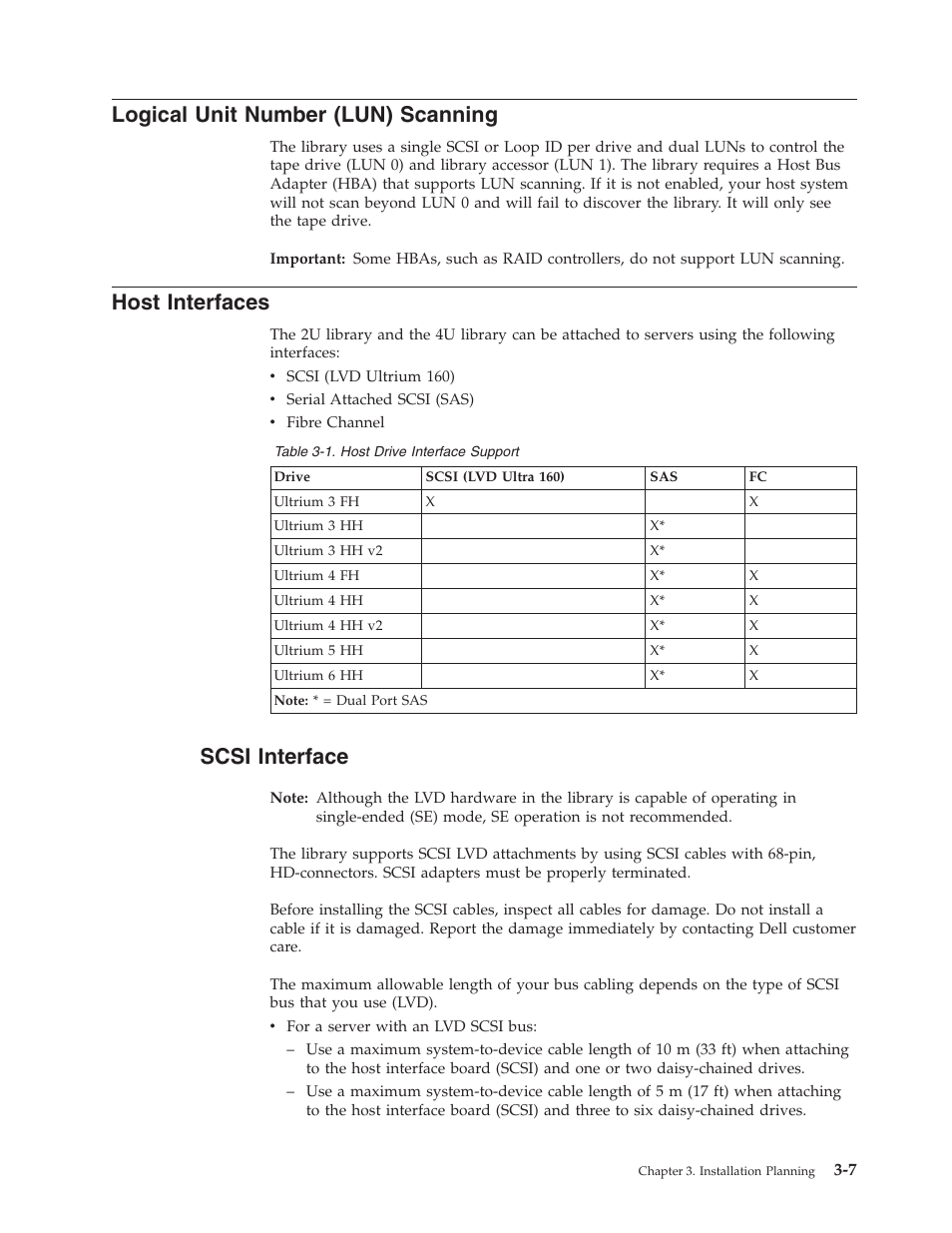 Logical unit number (lun) scanning, Host interfaces, Scsi interface | Host drive interface support | Dell PowerVault TL4000 User Manual | Page 49 / 306